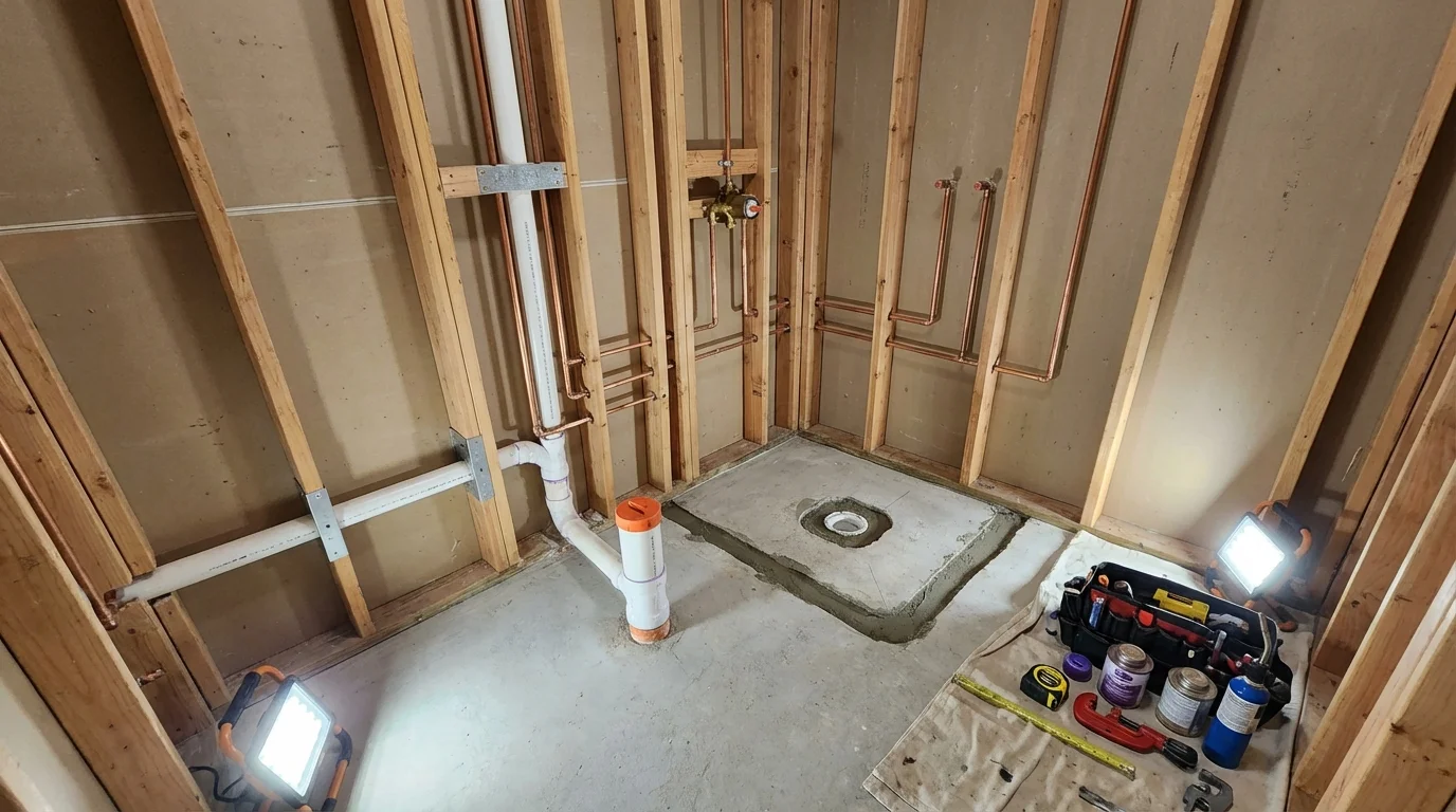 Bathroom rough-in plumbing during remodel by Johns Plumbing LLC in Hunt Valley