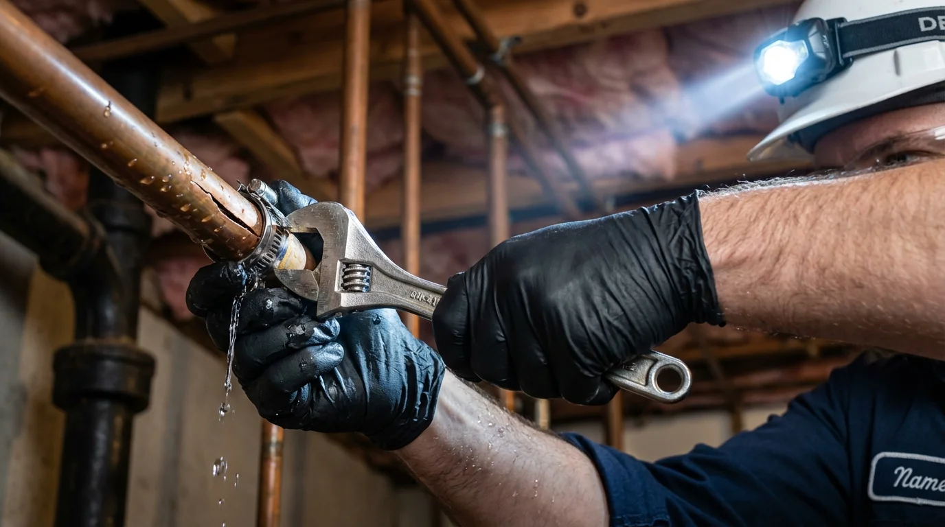 Emergency pipe clamp repair being performed by a Johns Plumbing LLC plumber in Hunt Valley