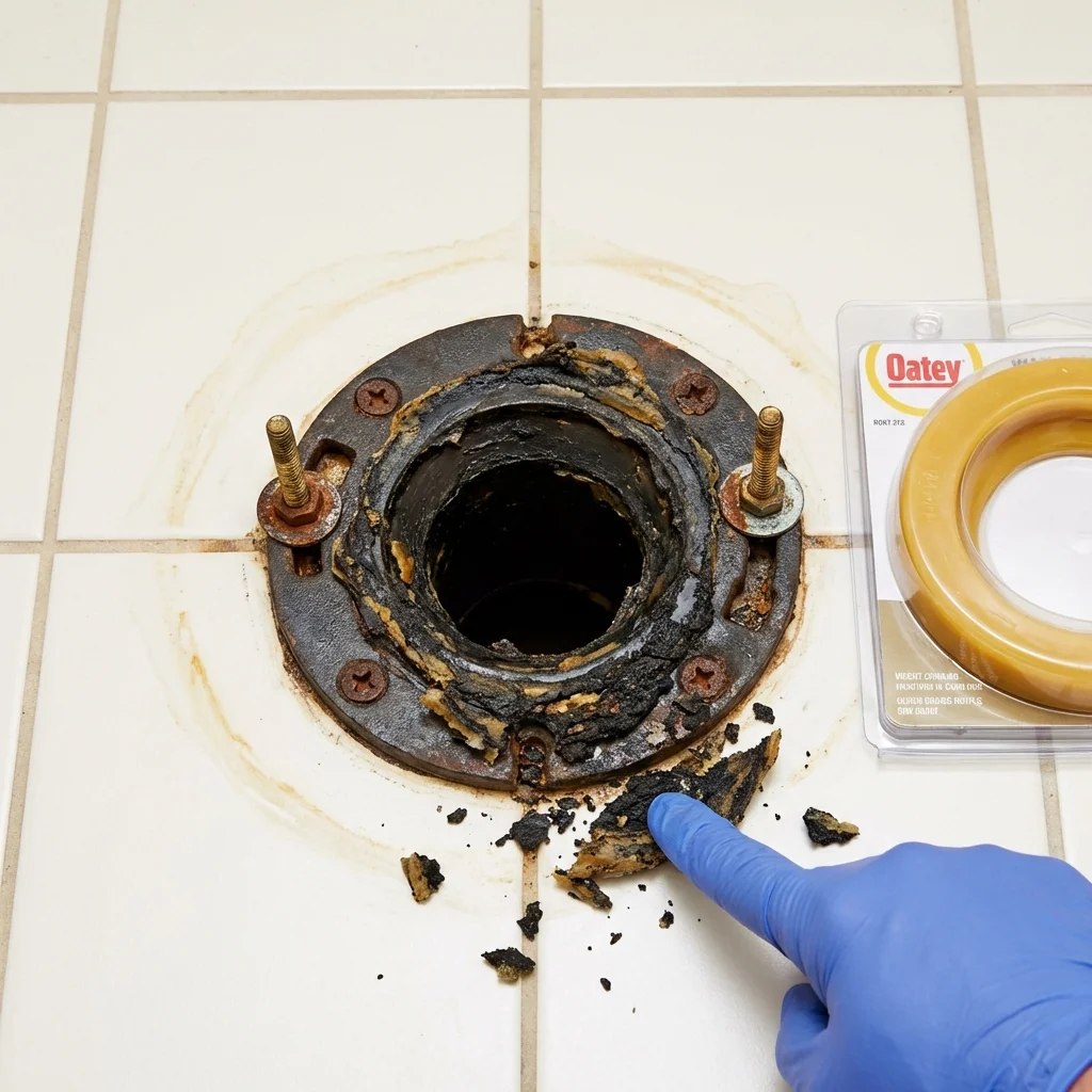 Failed wax ring showing water seepage at the base of a toilet in a Hunt Valley, MD home