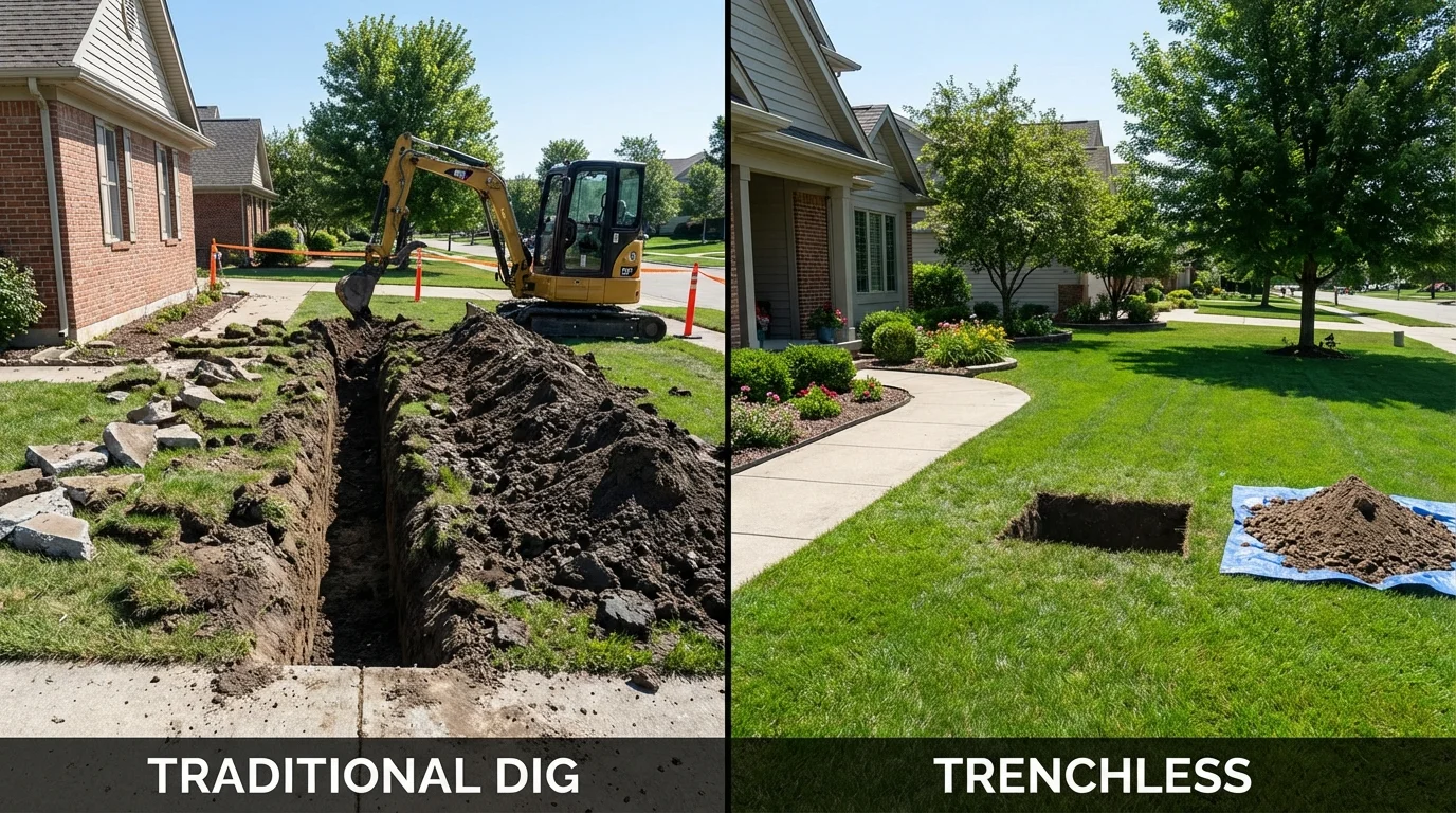 Trenchless sewer repair with minimal yard damage versus traditional excavation in Hunt Valley, MD