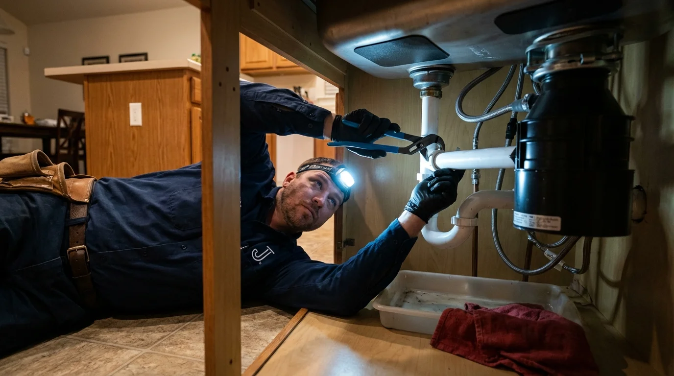 P-trap and supply line connections under a kitchen sink showing a common leak point in Hunt Valley, MD
